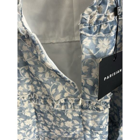 New Parsian Mini Dress Women’s Size 12 Blue White Floral Design Ruffles - Picture 6 of 9